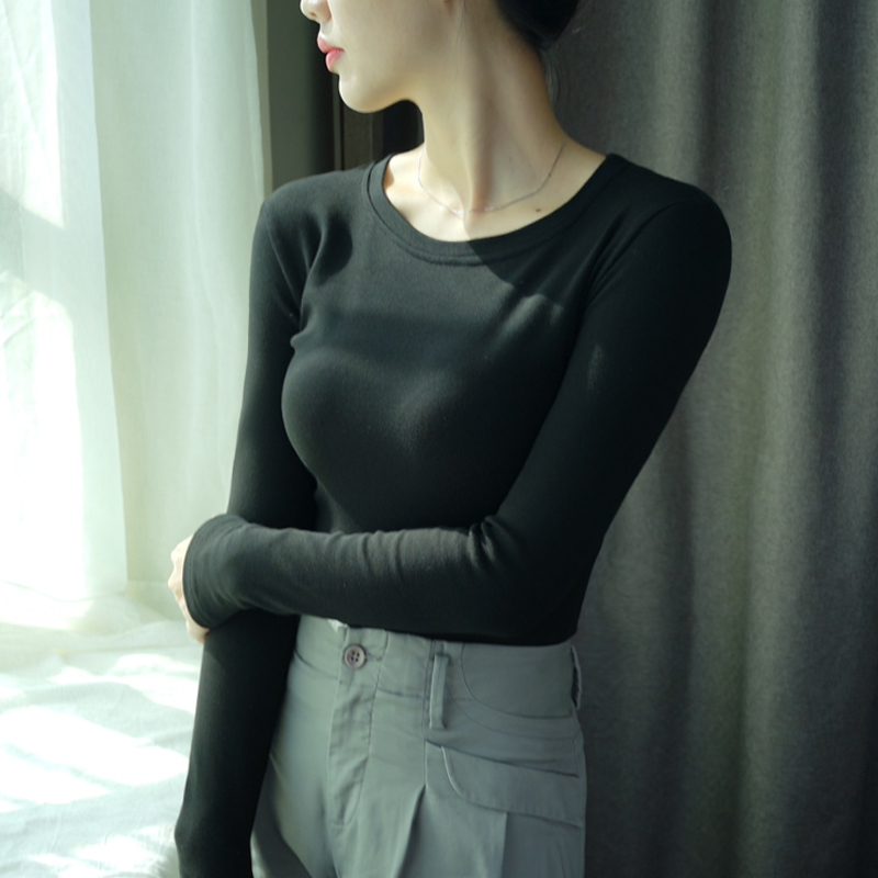 2018秋冬季长袖T恤女打底衫上衣服圆领修身纯黑色棉新款韩版学生  女装  图1